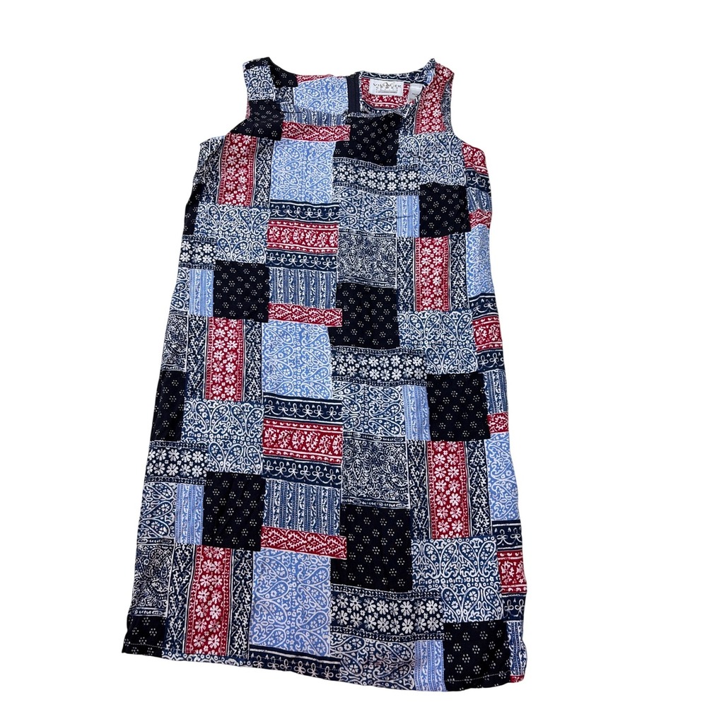 Villager Sport Liz Claiborne PetiteM Patchwork Paisley Rayon Dress Blue Red